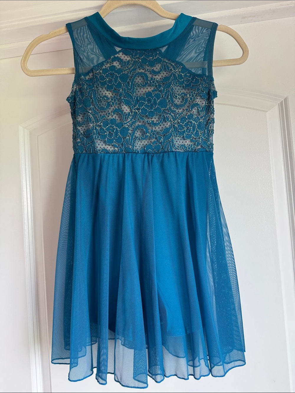 A Wish Come True teal ballet or lyrical dance costume with lace overlay